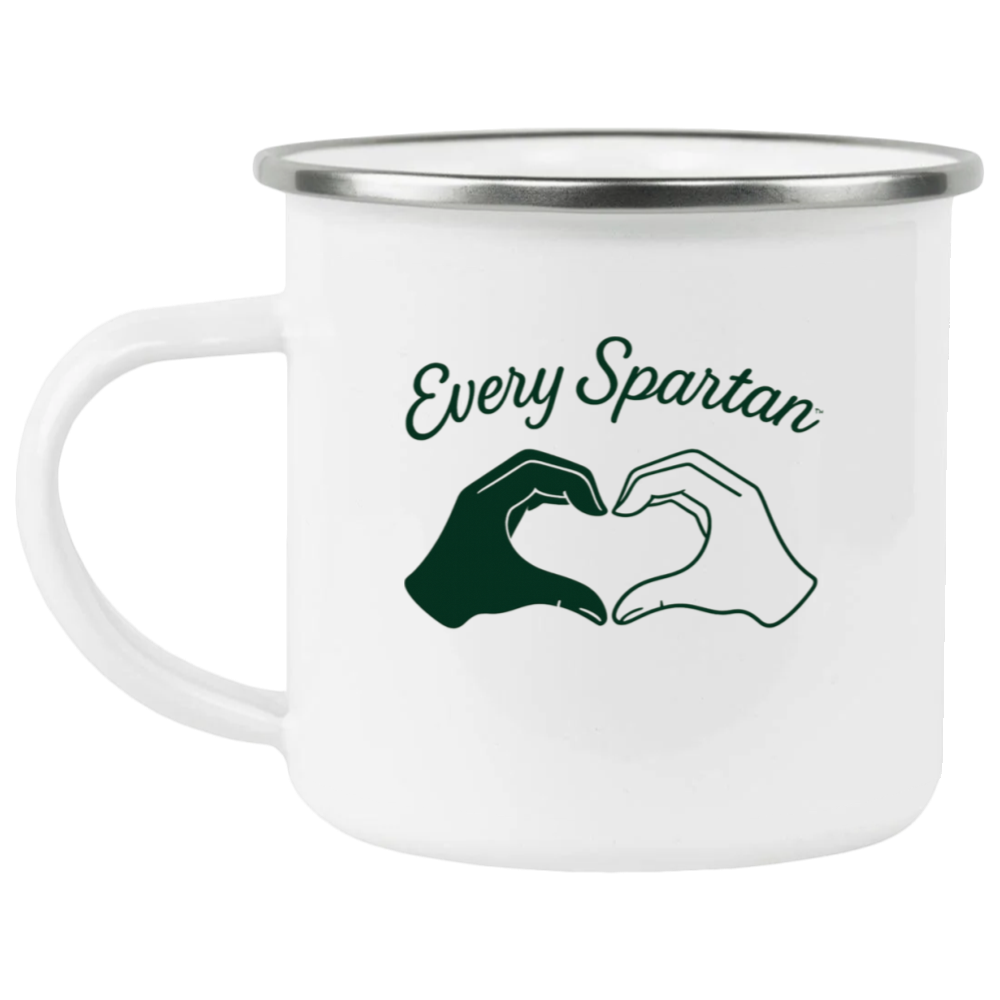 White enamel mug with green “Every Spartan” text and two hand outlines forming a heart