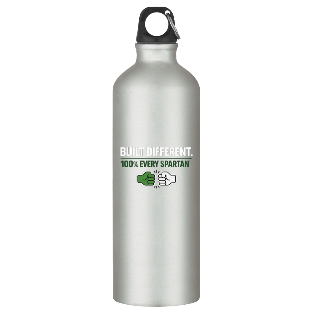 Silver insulated bottle with black cap and Spartan logo, labeled “Built Different. 100% Every Spartan.”