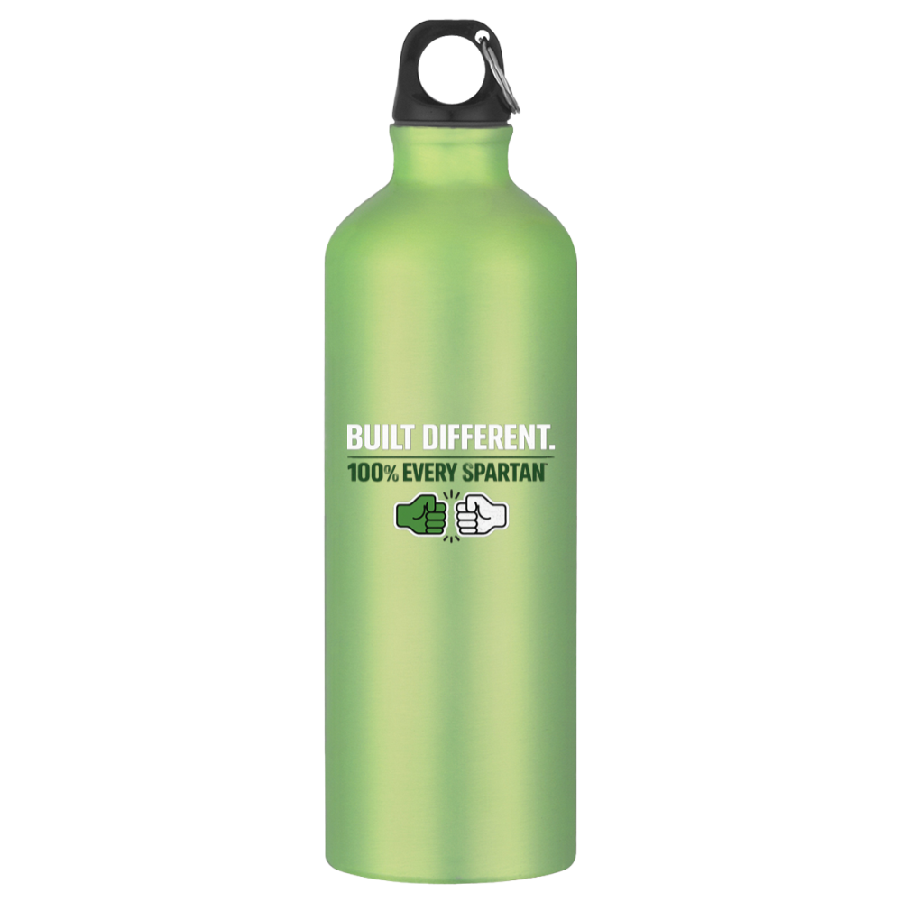 Green metal water bottle with black cap and Spartan logo, labeled “BUILT DIFFERENT. 100% EVERY SPARTAN.”