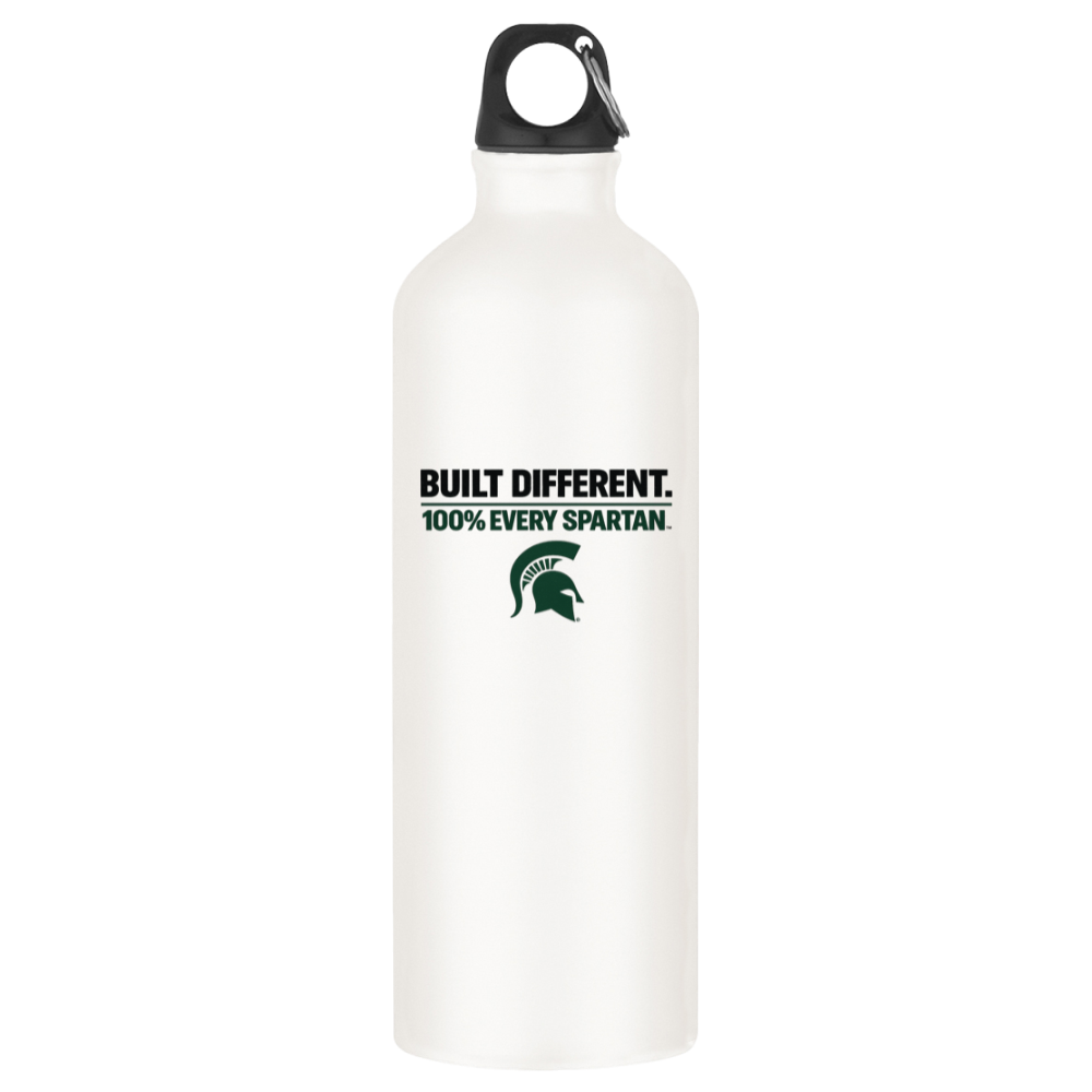 White metal water bottle with black cap and 