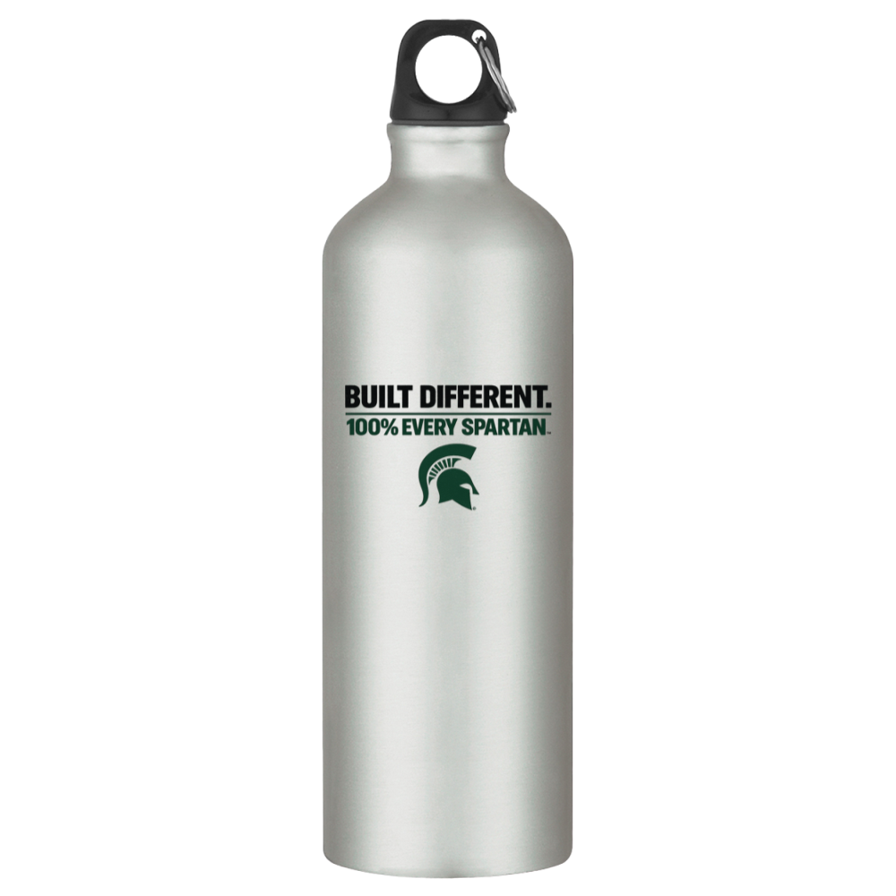Silver water bottle with black cap and “BUILT DIFFERENT. 100% EVER SPARTAN.” logo on the front