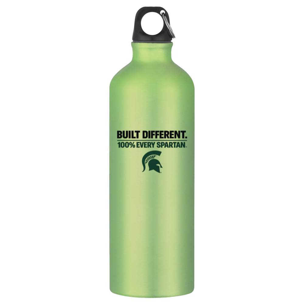 Green water bottle with black cap and Spartan logo, labeled “Built Different. 100% Every Spartan.”