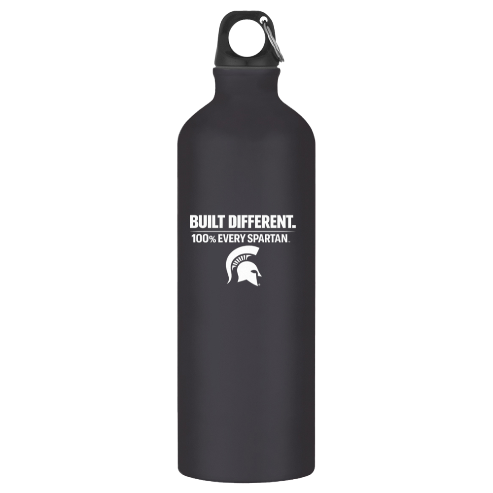 Black insulated bottle with handle cap and Spartan logo, labeled “Built Different. 100% Every Spartan.”