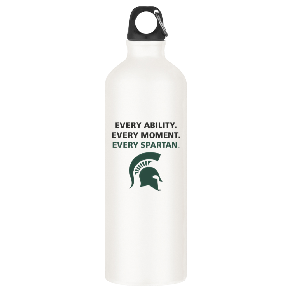 White water bottle with black cap and Spartan logo, reading “Every Ability. Every Moment. Every Spartan.”