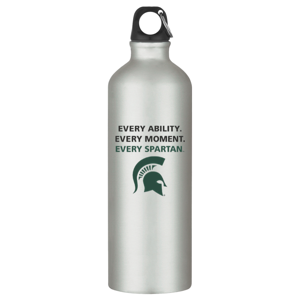 Silver water bottle with black cap and Spartan logo, labeled “Every ability. Every moment. Every Spartan.”