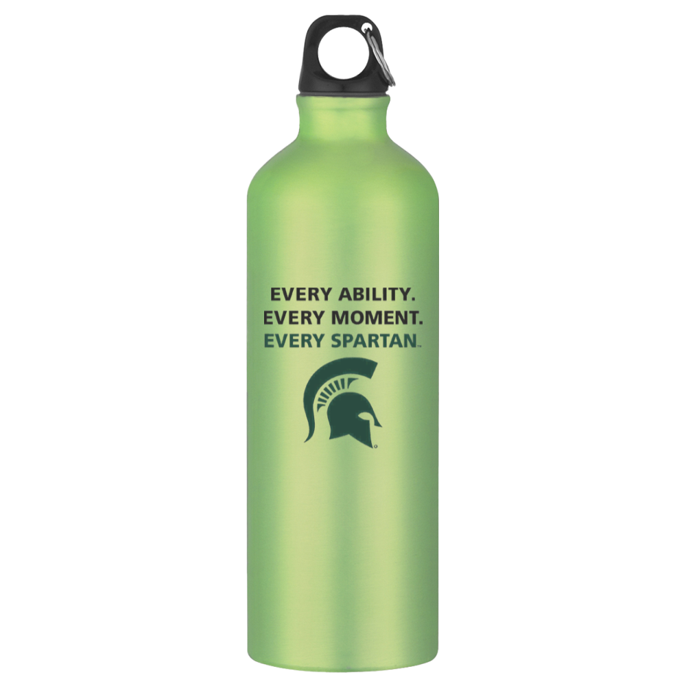 Green water bottle with Spartan logo and text “Every ability. Every moment. Every Spartan.”