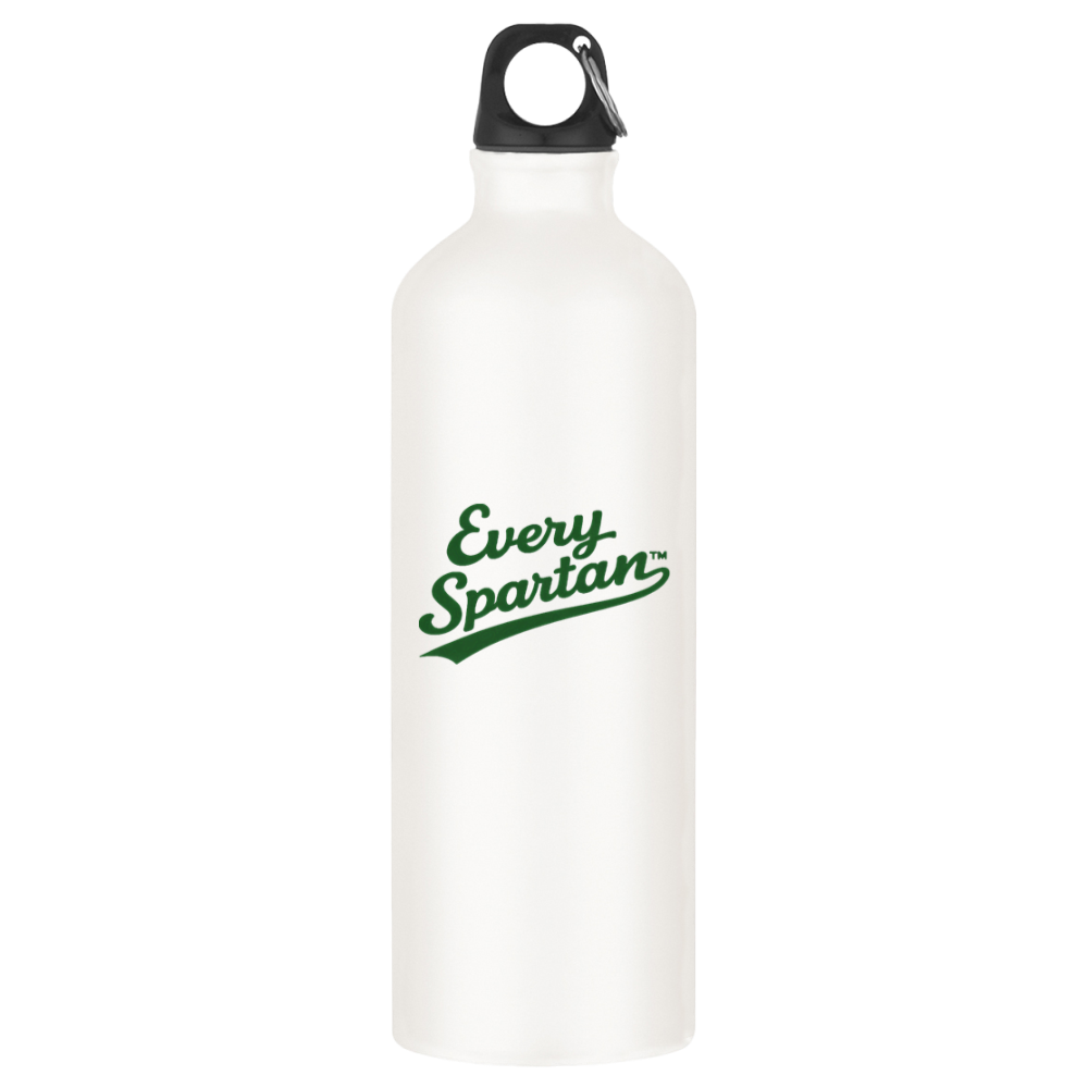White insulated water bottle with black cap and green “Every Spartan” logo