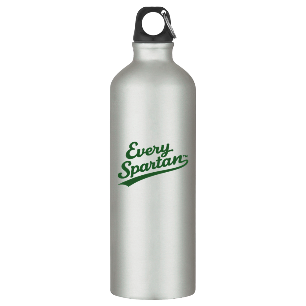 Silver metal water bottle with black cap and green “Every Spartan” logo