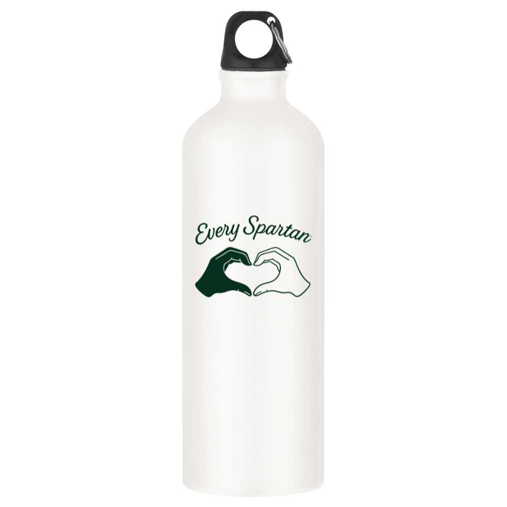 White water bottle with black cap and “Every Spartan” logo in green and white