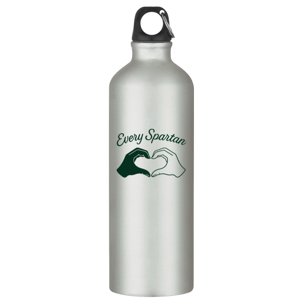 Silver water bottle with black cap and “Every Spartan” logo featuring green and white hands