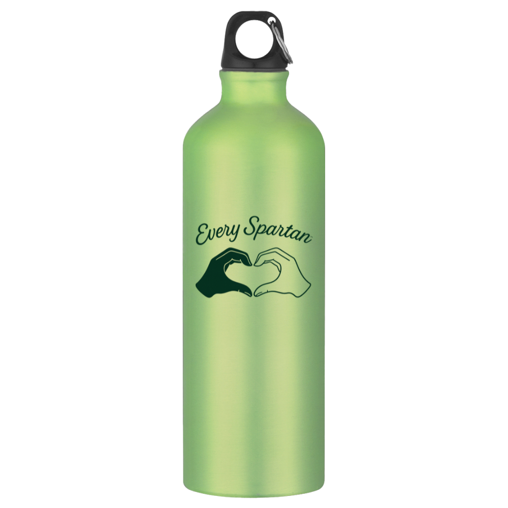 Green reusable water bottle with black cap and “Every Spartan” logo text and hand-heart graphic