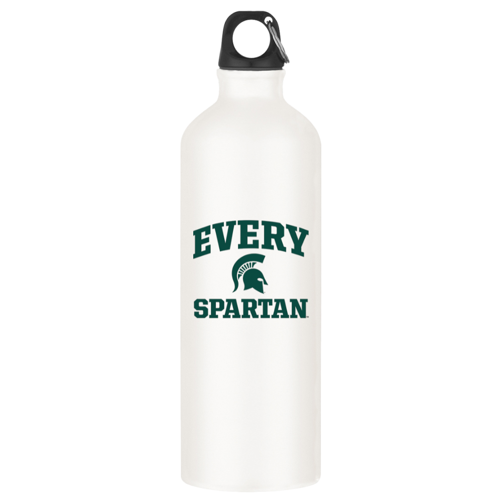 White water bottle with black cap and green “EVERY SPARTAN” text and Spartan helmet logo.