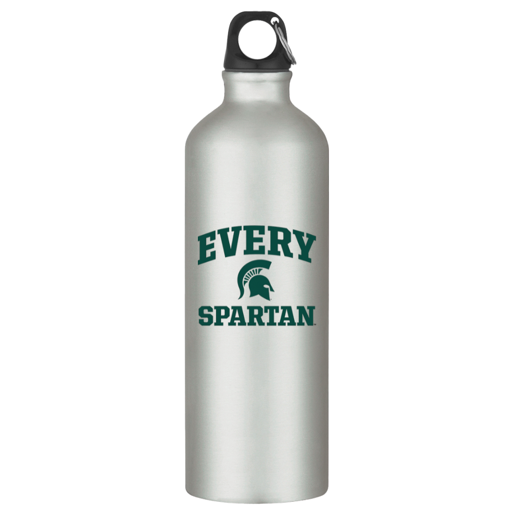Silver water bottle with black cap and green 