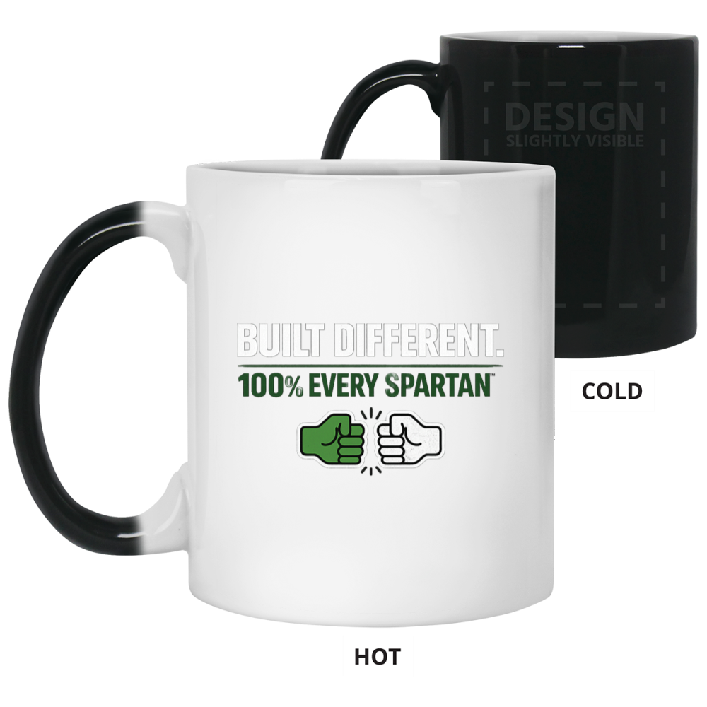 White and black mugs with “Built Different 100% Every Spartan” text; hot and cold color-changing design shown.