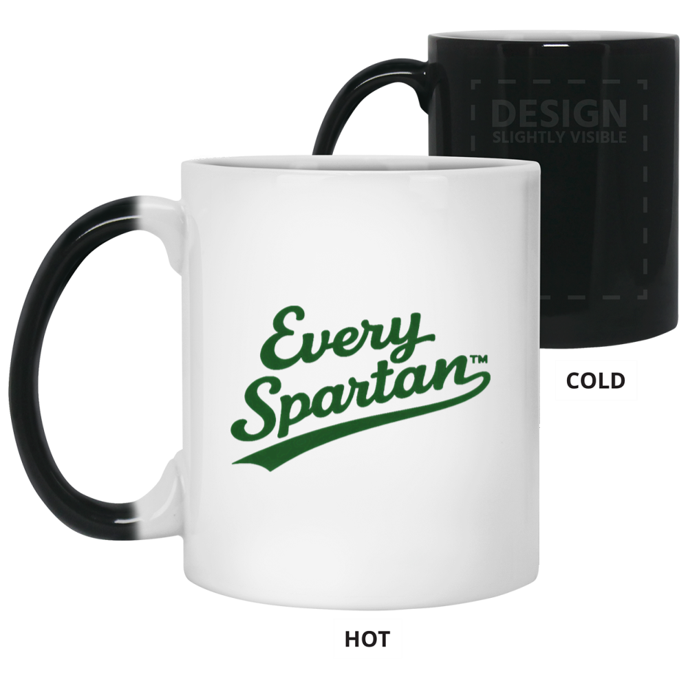 White Every Spartan mug with black handle shown in hot and cold color-changing states