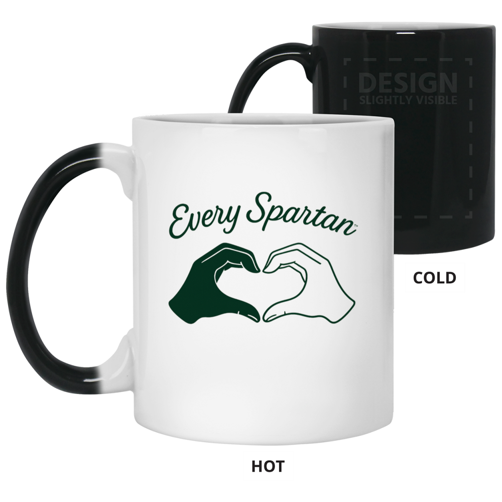 Two mugs showing “Every Spartan” design, white hot mug and black cold mug with heart hands graphic
