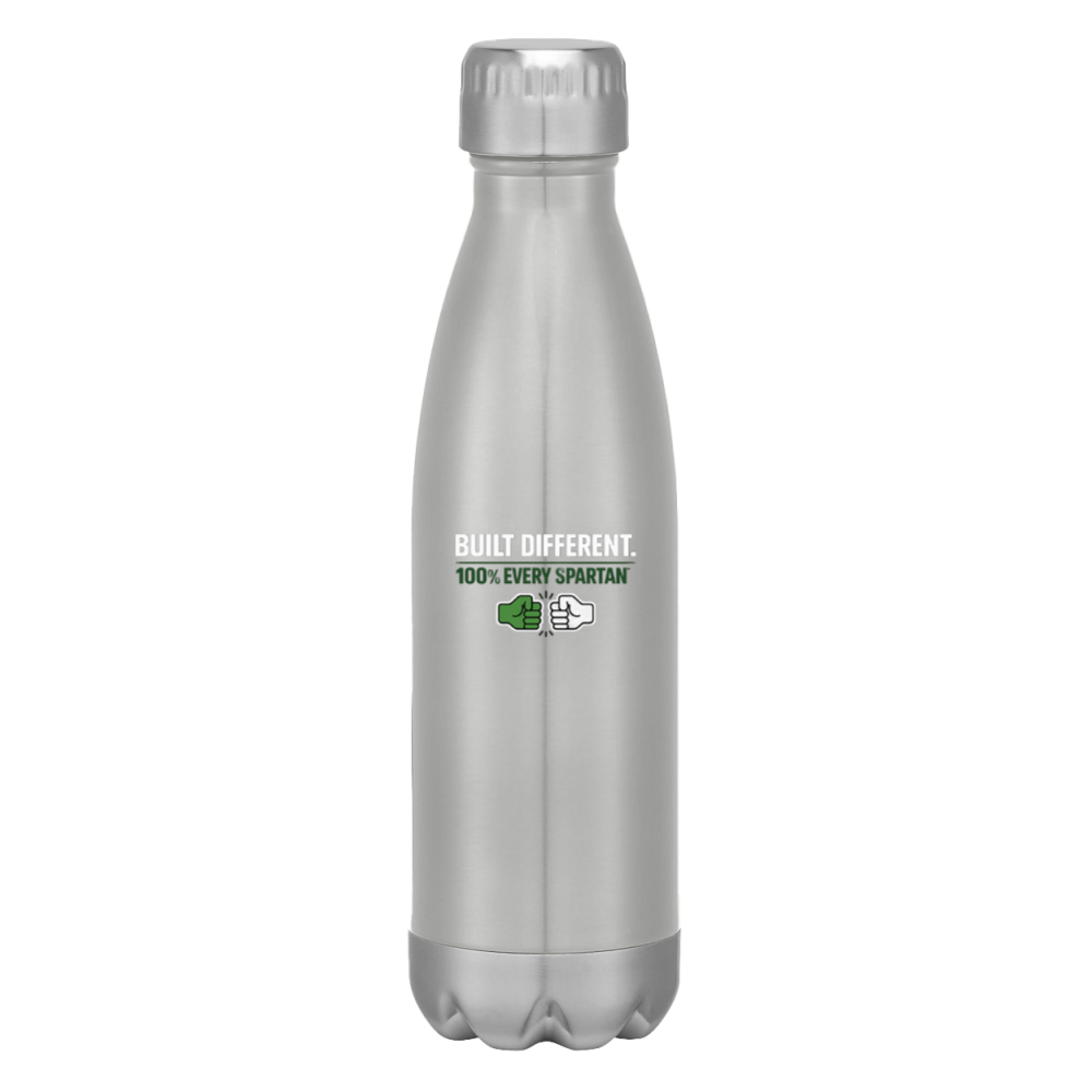 Silver insulated bottle with a screw cap and small green label on a white background