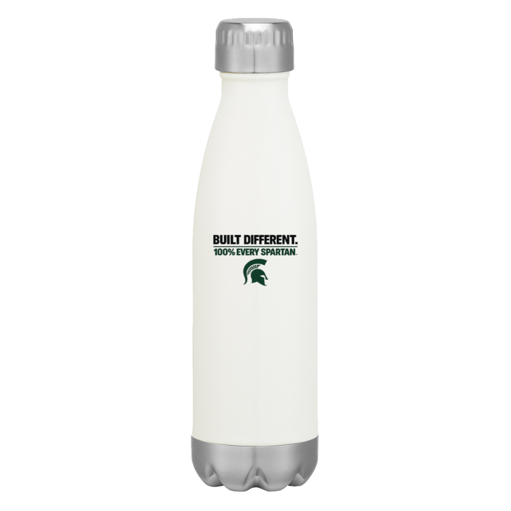 White insulated bottle with silver cap and base, featuring a small dark green logo and text.