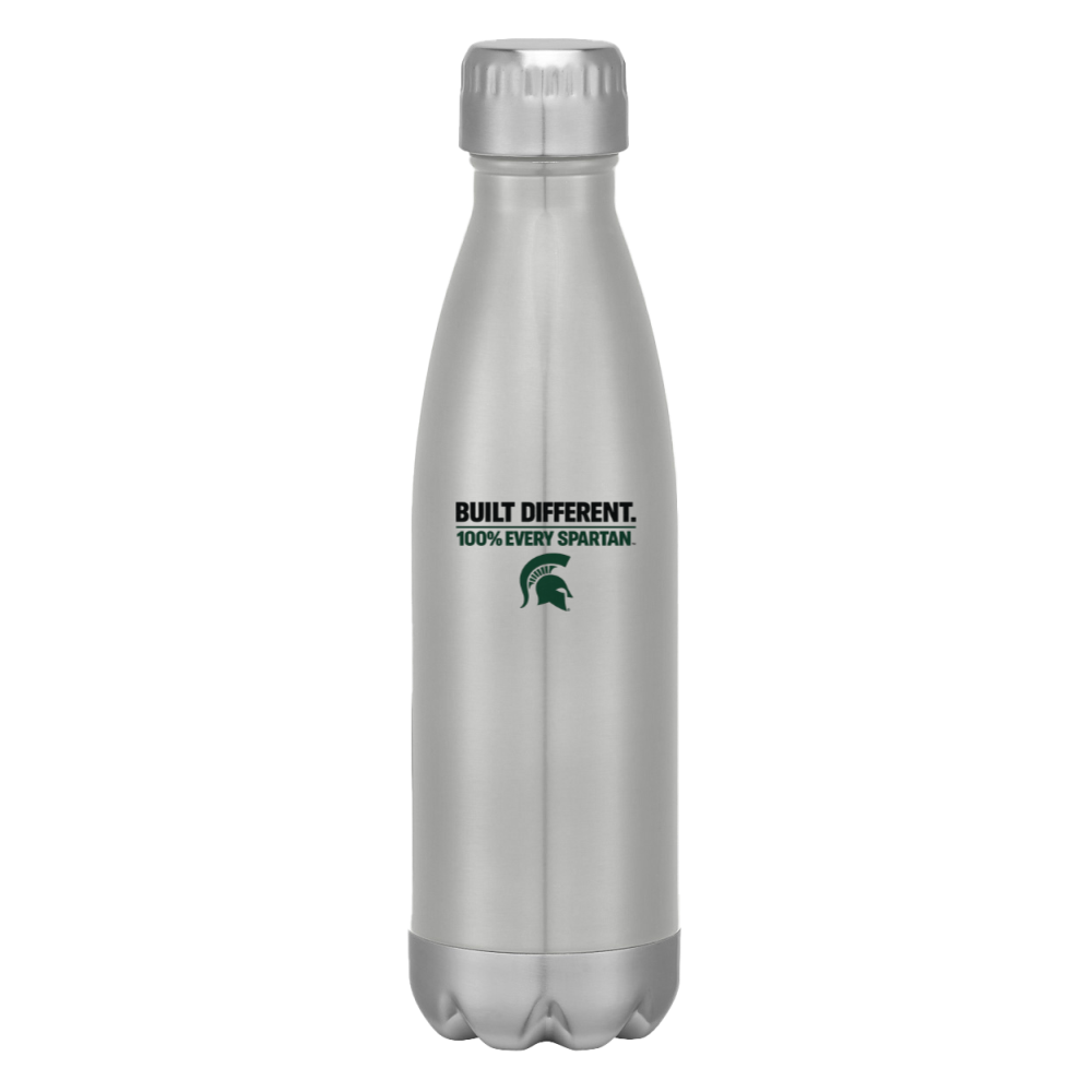 Silver reusable water bottle with a cap and Spartan logo on the front