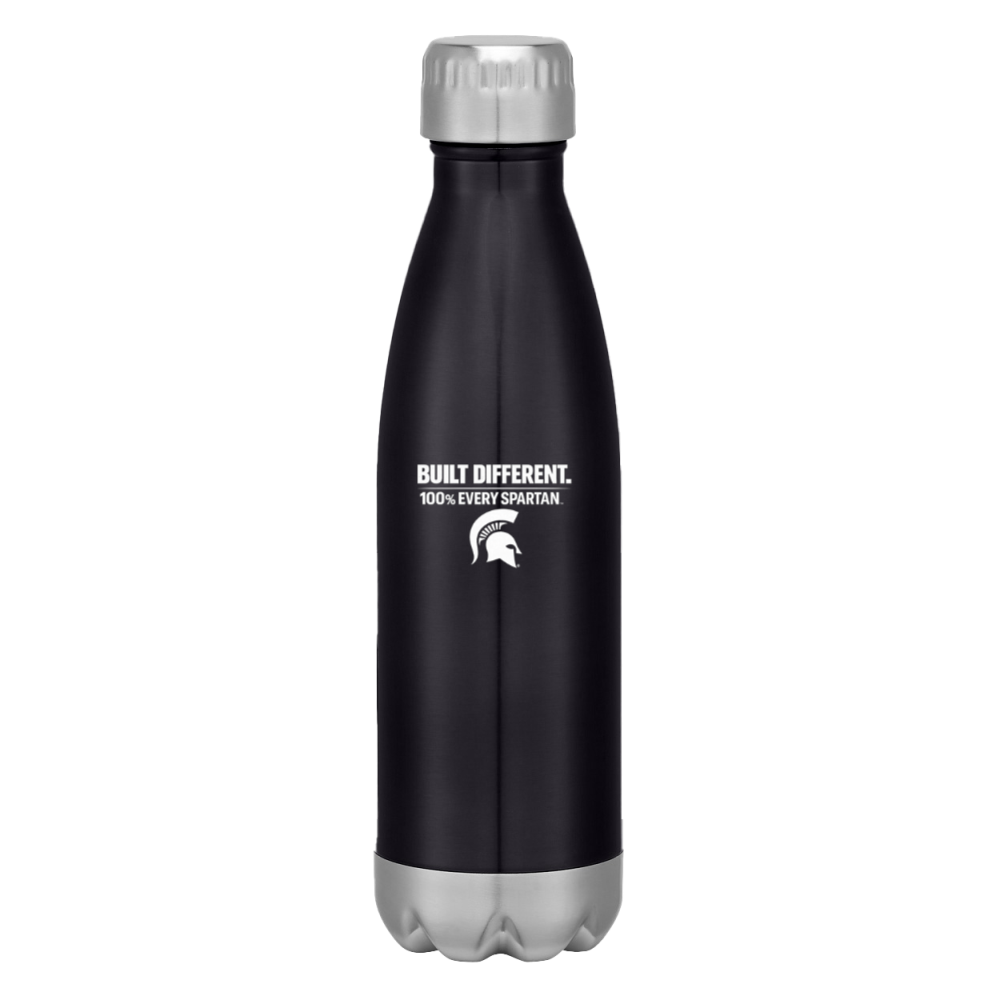 Black insulated water bottle with silver cap and base, featuring a Spartan logo and “Built Different” text