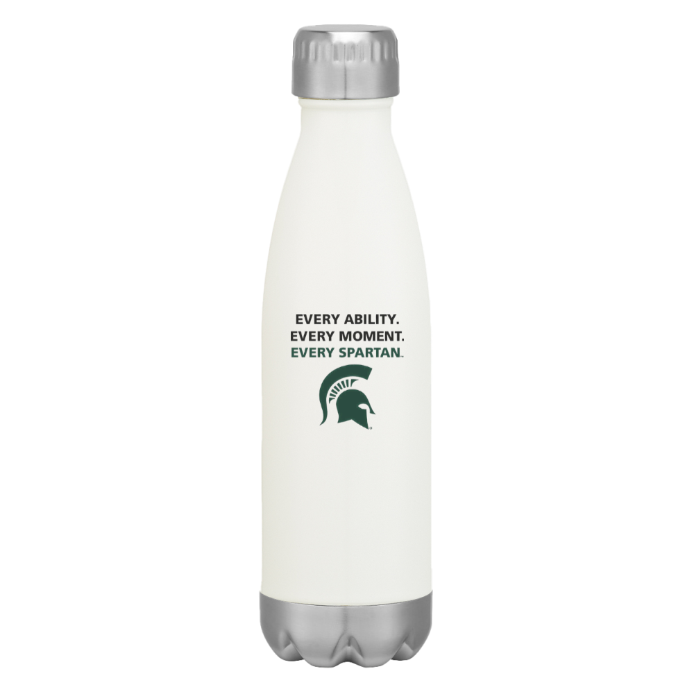 White reusable bottle with silver cap and base, featuring a Spartan logo and slogan.