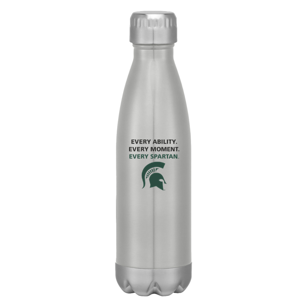 Silver bottle with Spartan logo and the text “Every ability, every moment, every Spartan.”