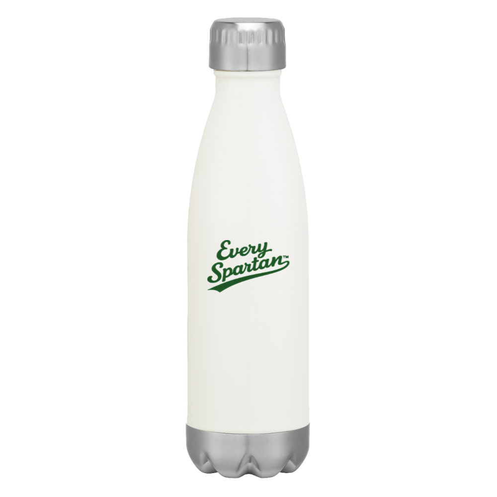 White reusable water bottle with silver cap and base, labeled 