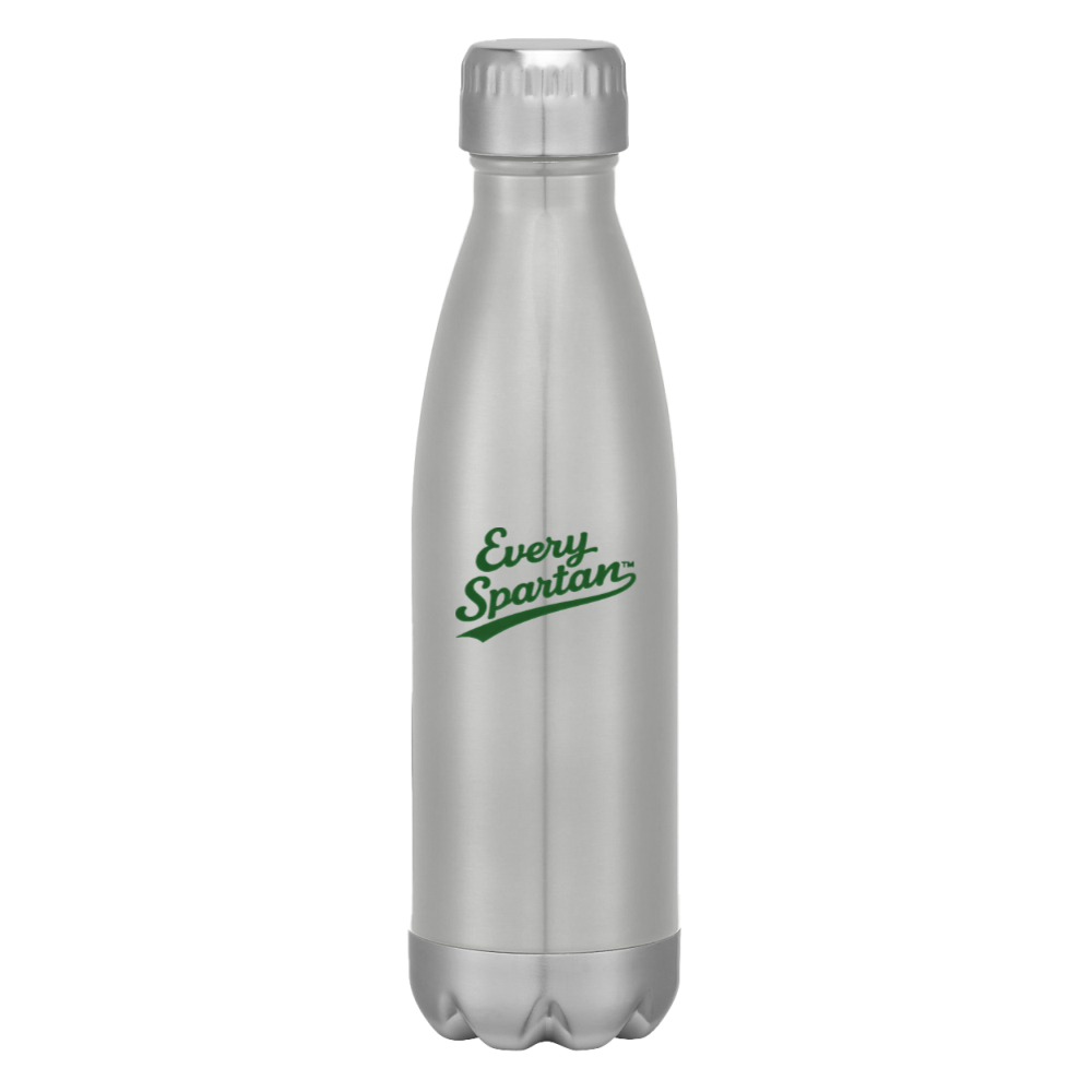 Silver insulated bottle with green “Every Spartan” logo on a white background