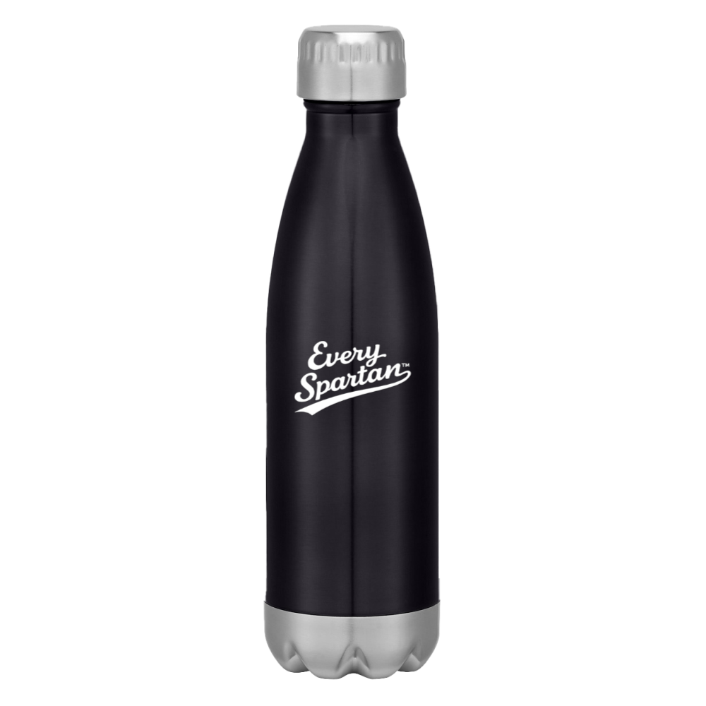 Black insulated bottle with silver cap and base, labeled “Every Spartan.”