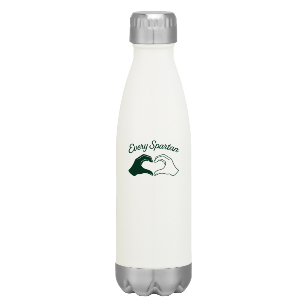 White insulated bottle with silver cap and base, featuring a green-and-white hands logo and “Every Situation” text