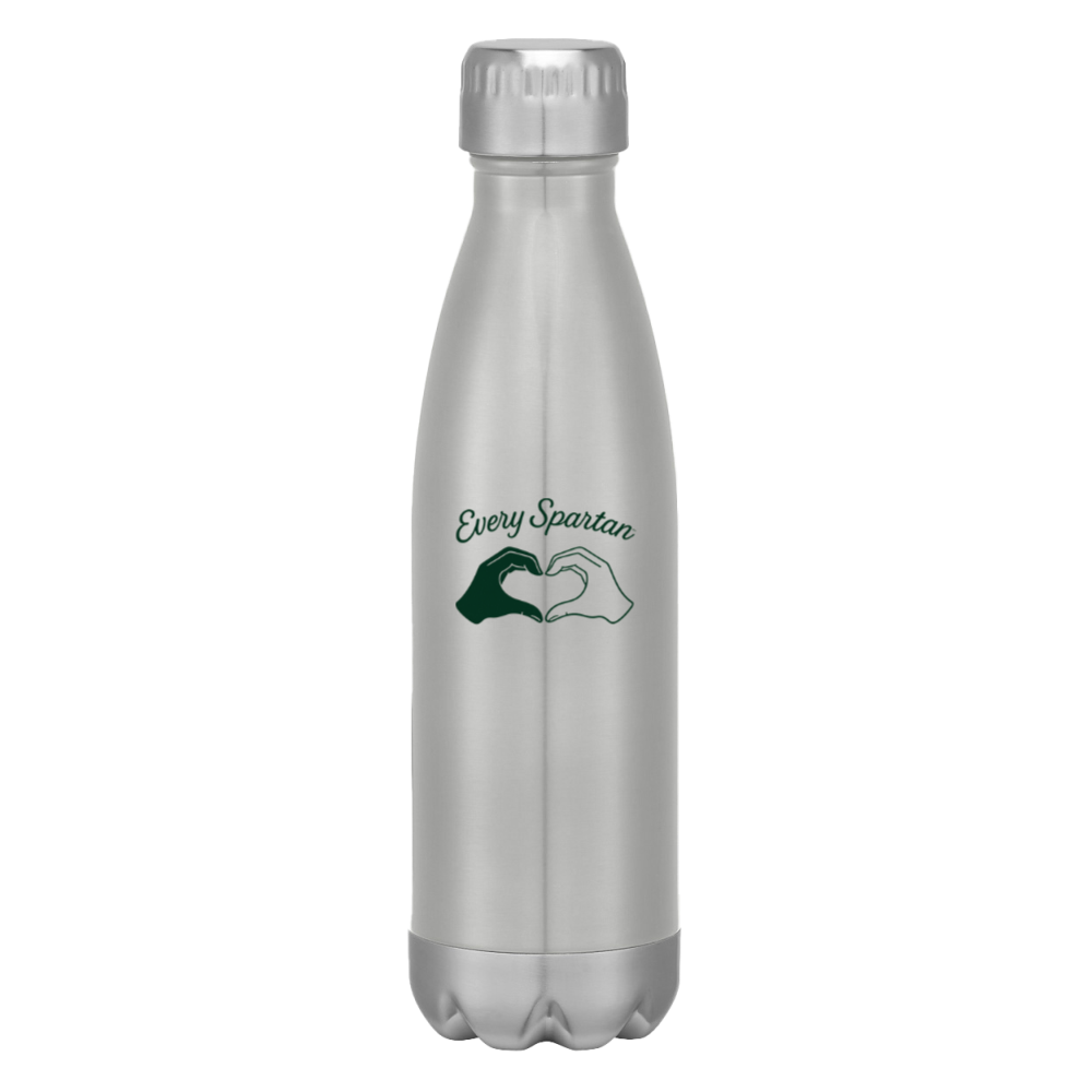 Silver insulated water bottle with green “Every Season” logo and hand icon