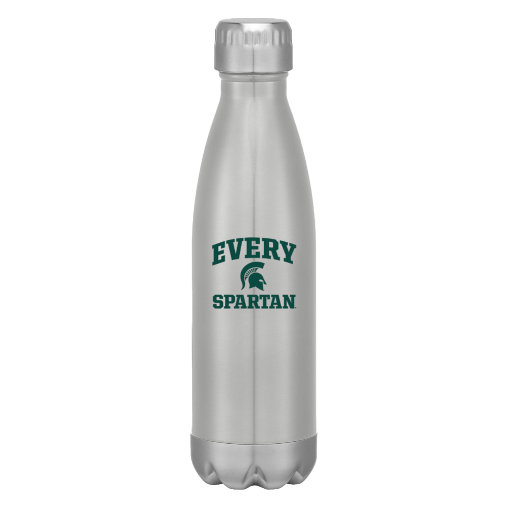 Silver stainless steel water bottle with green “EVERY SPARTAN” text.
