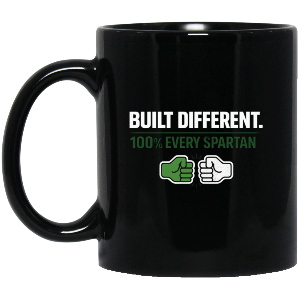 Black mug with “BUILT DIFFERENT. 100% EVERY SPARTAN” and two thumbs icons