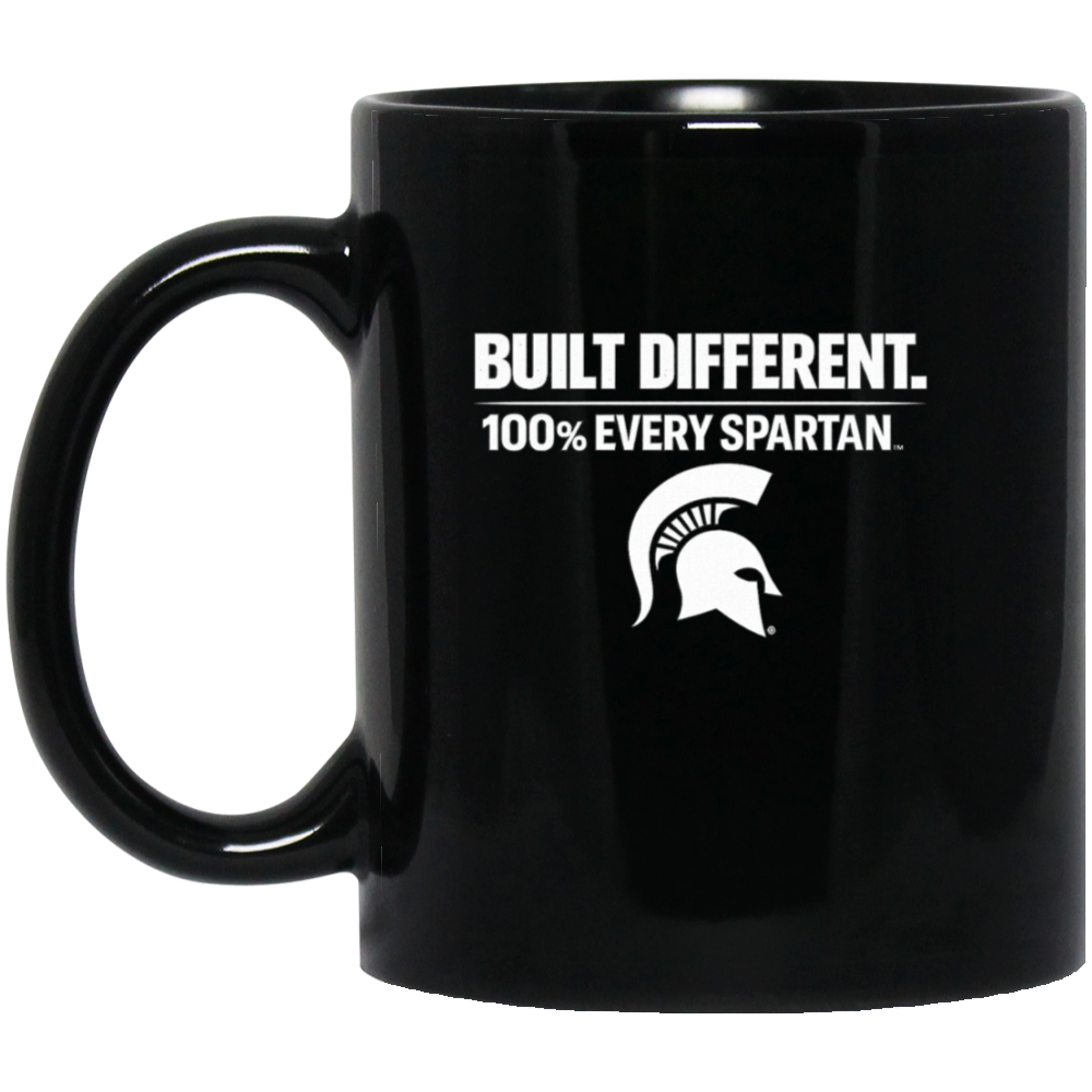 Black mug with white Spartan helmet and text: “BUILT DIFFERENT. 100% EVERY SPARTAN.”