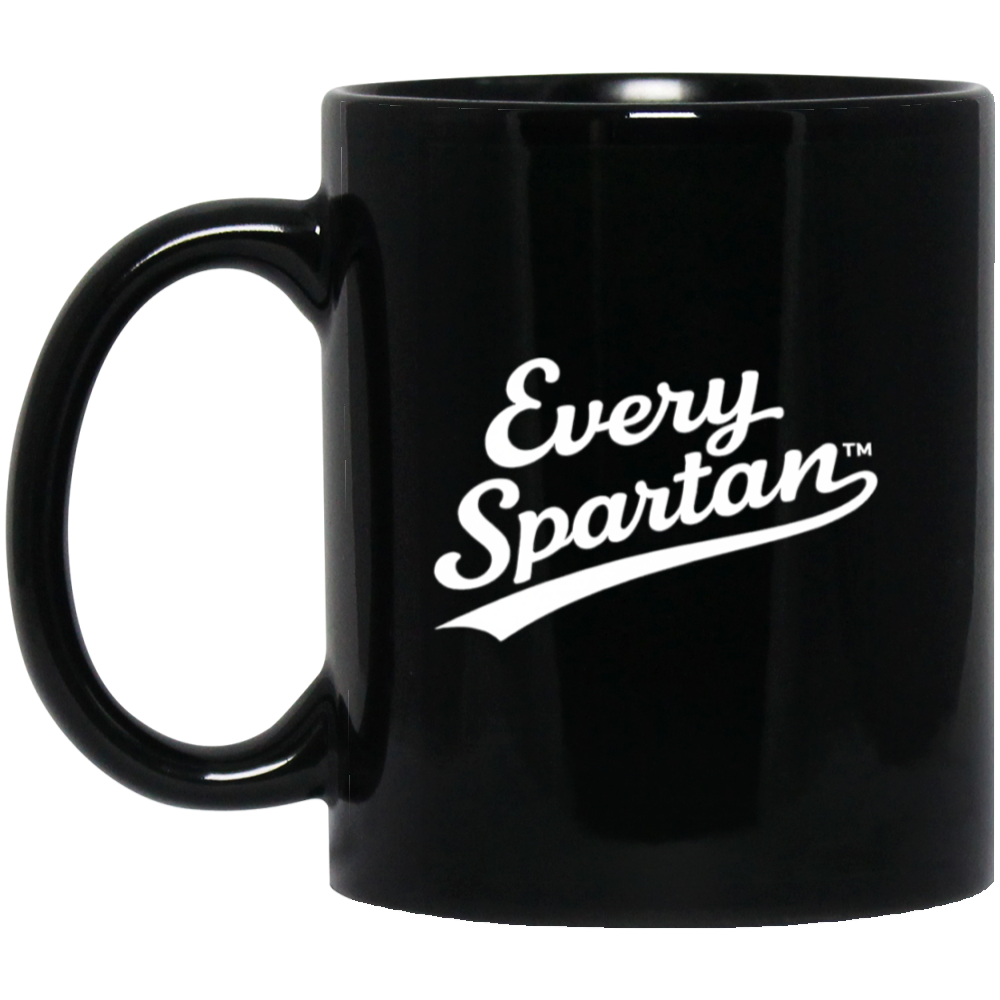 Black mug with white “Every Spartan” logo printed on the front