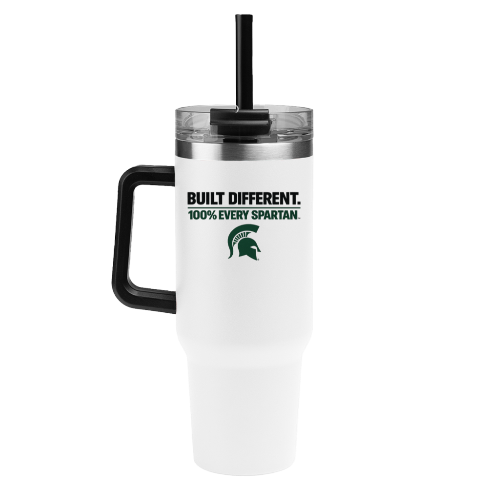 White insulated tumbler with black handle and straw, featuring “Built Different. 100% Every Spartan.” text and logo