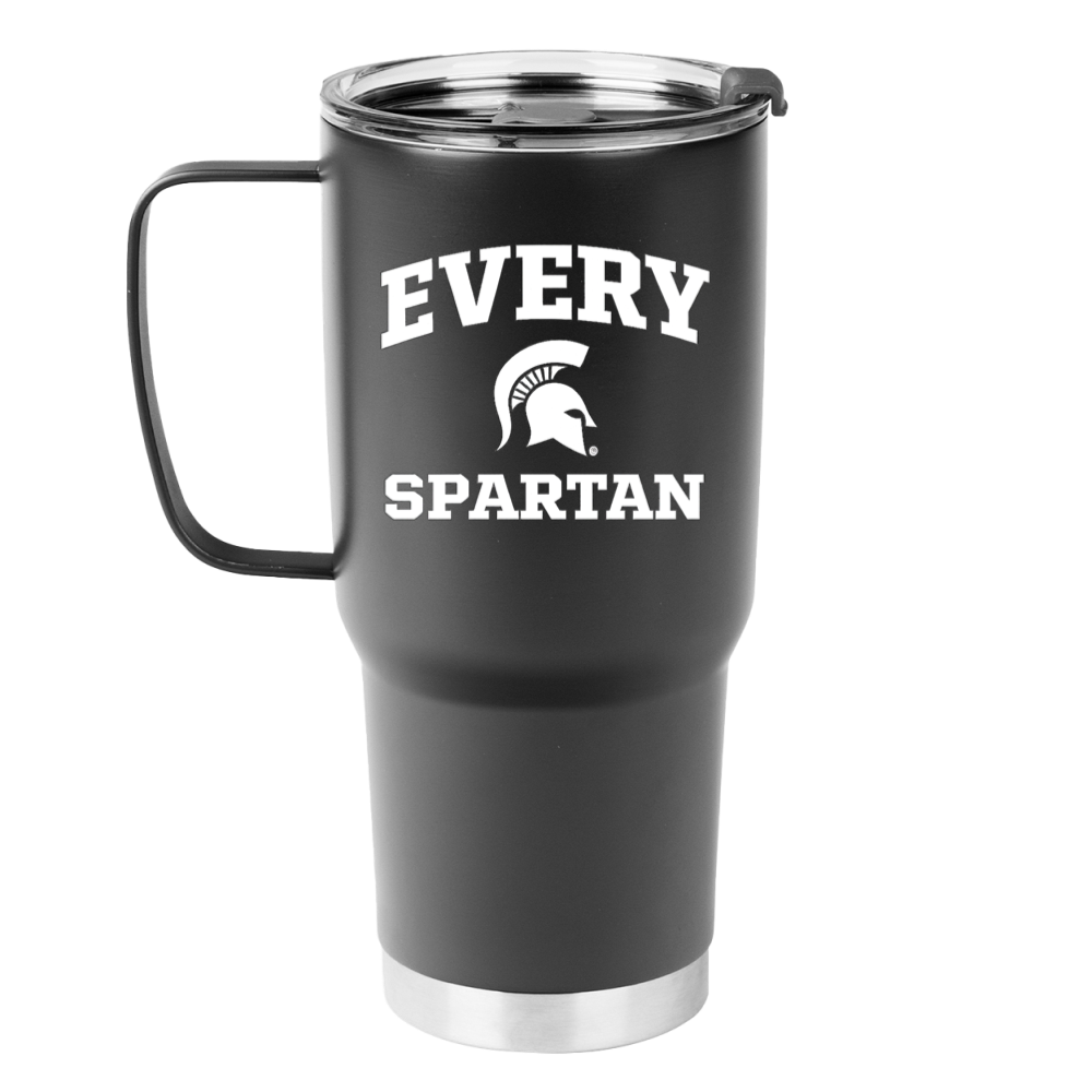 Black insulated tumbler with handle and white “EVERY SPARTAN” text and Spartan helmet logo