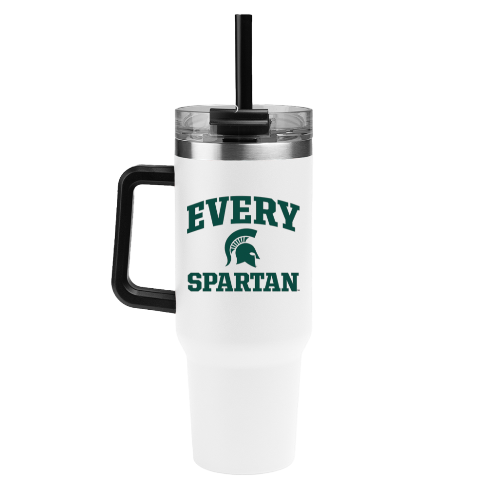 White tumbler with black lid and handle, green 