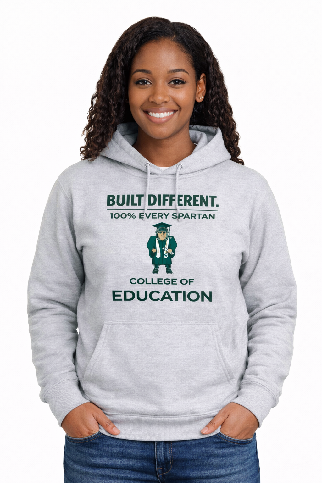 A smiling person wears a grey hooded sweatshirt with 
