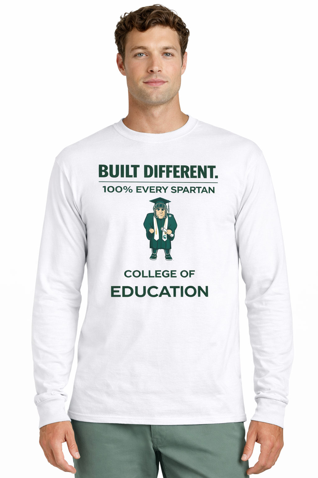 A white long-sleeved shirt with text 