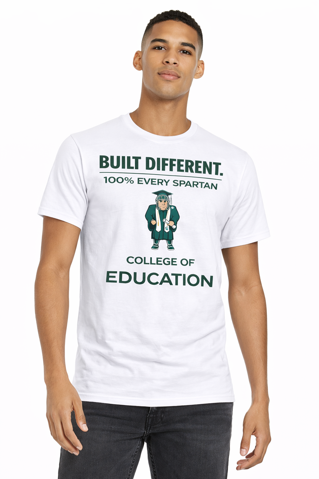 A man wearing a white t-shirt featuring a green Spartan mascot in a graduation cap and the text