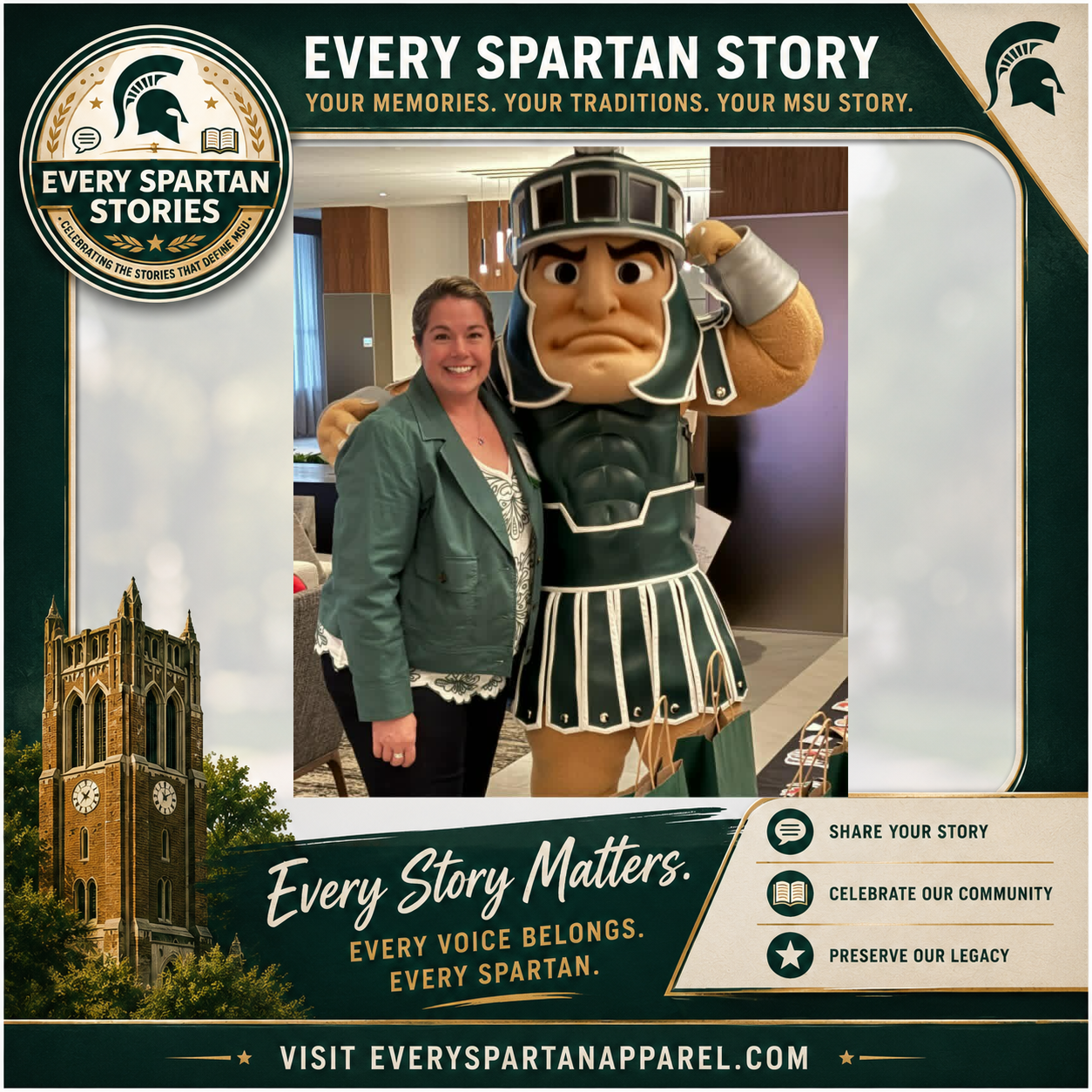 Two people posing with the Spartan mascot in a green and white event frame at night