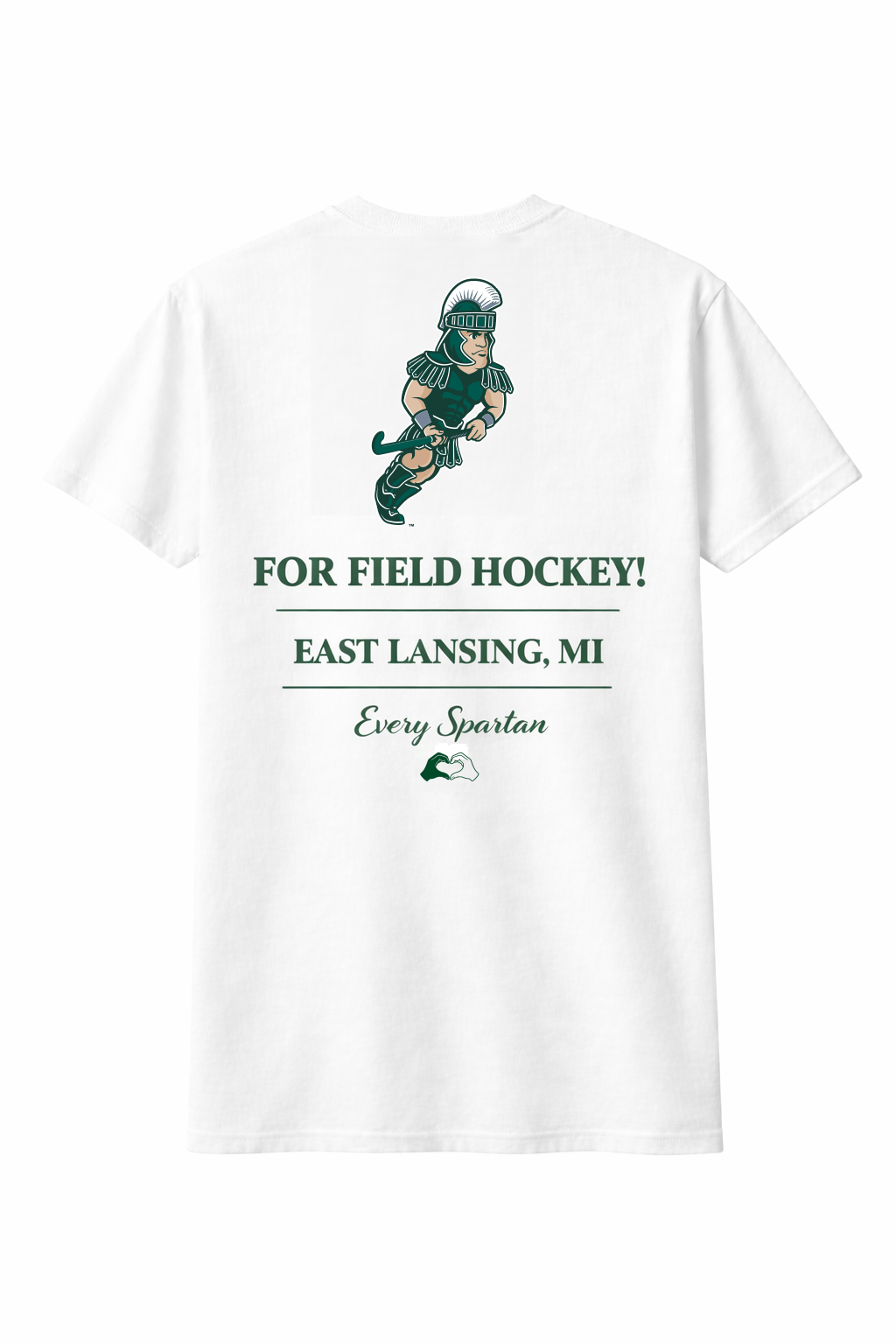 White field hockey fundraiser T-shirt with green player graphic and “For Field Hockey! East Lansing, MI” text