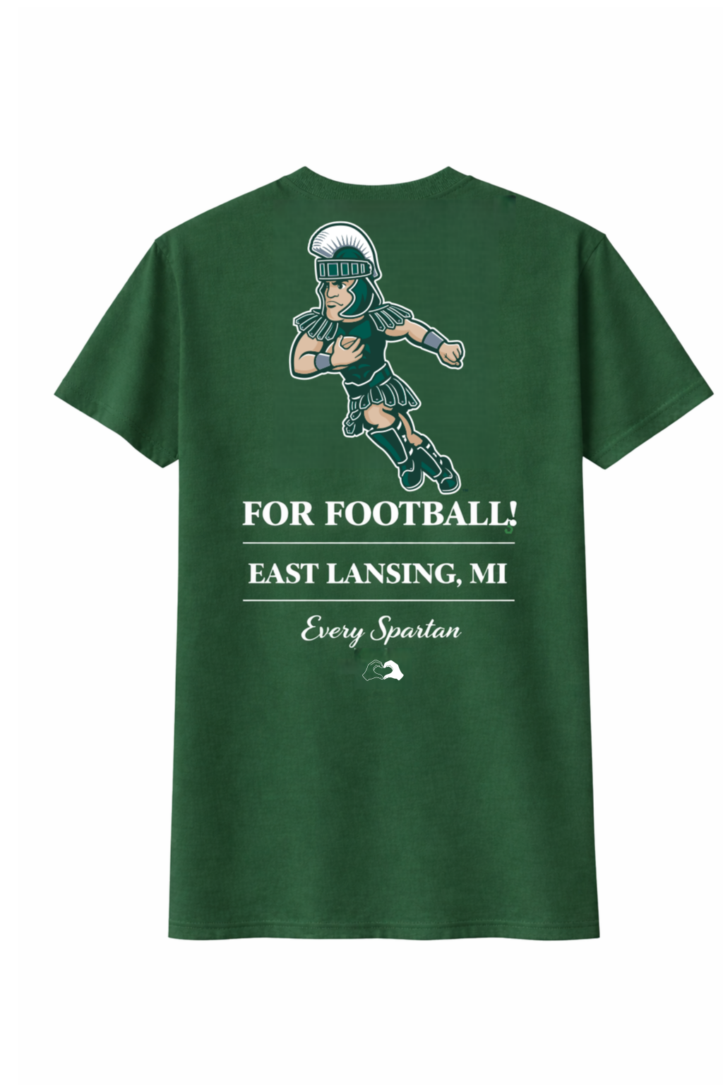 Green football T-shirt with player graphic and text “FOR FOOTBALL! EAST LANSING, MI”