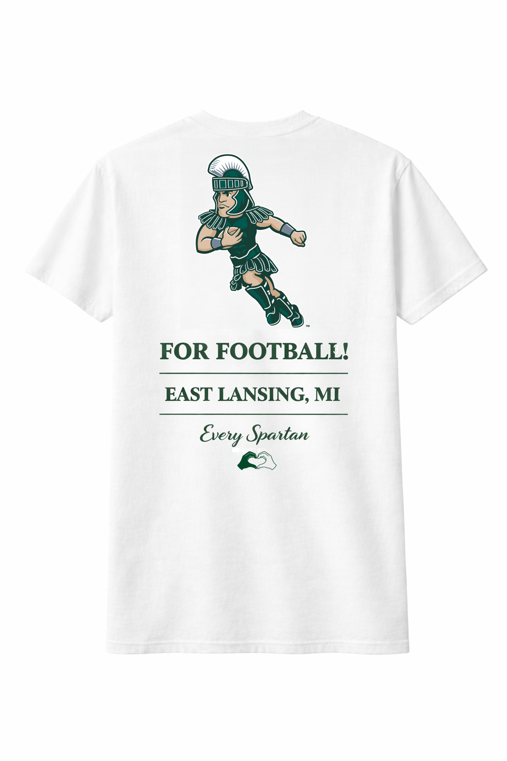 White T-shirt with cartoon football player and text “FOR FOOTBALL! EAST LANSING, MI” in green and black.