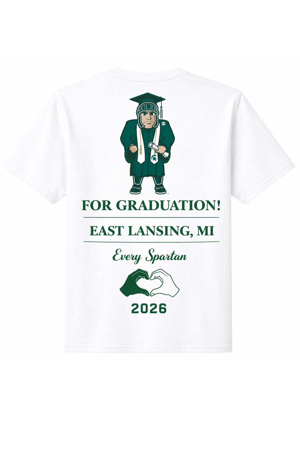 White graduation T-shirt with green graphic and text for East Lansing, MI, class of 2026.