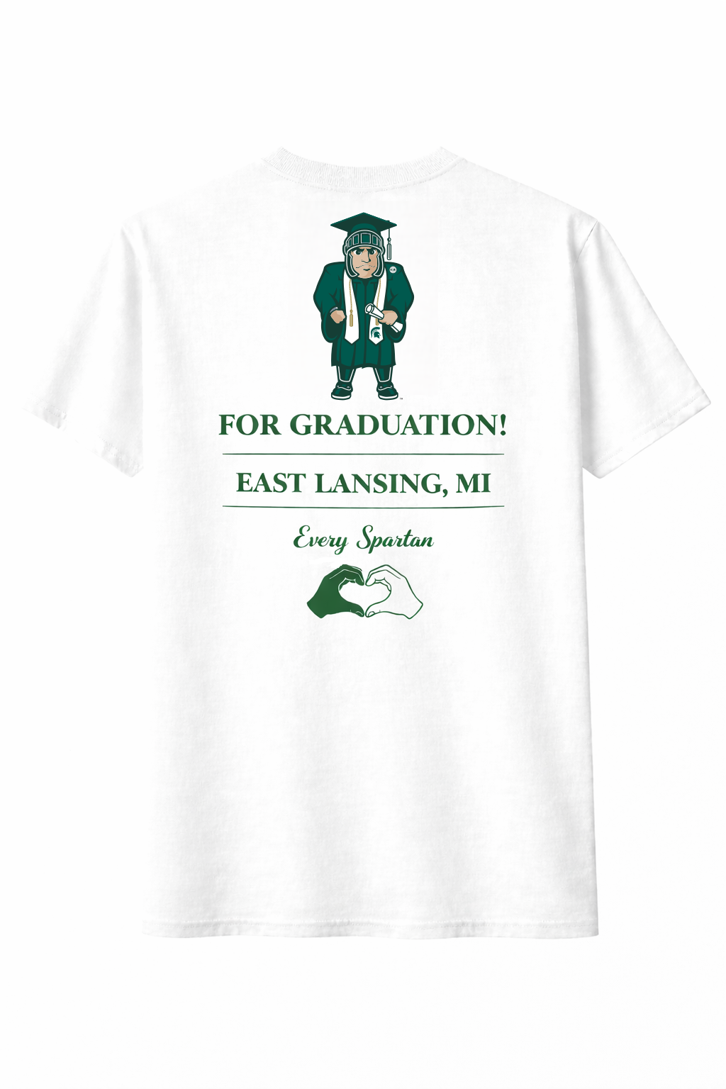 White T-shirt with green East Lansing, MI graduation design and mortarboard graphic