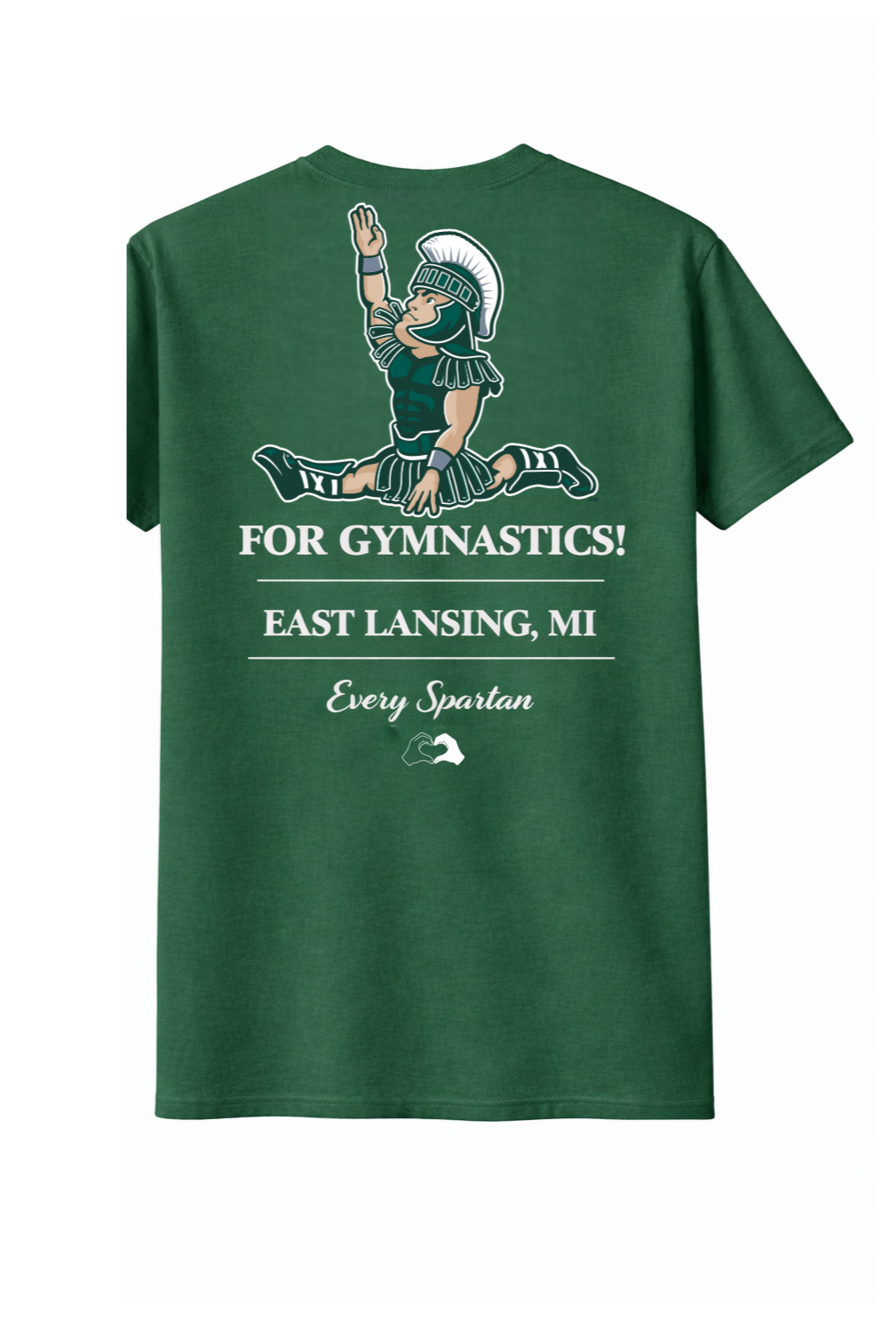 Green T-shirt with gymnast graphic and text “For Gymnastics! East Lansing, MI”