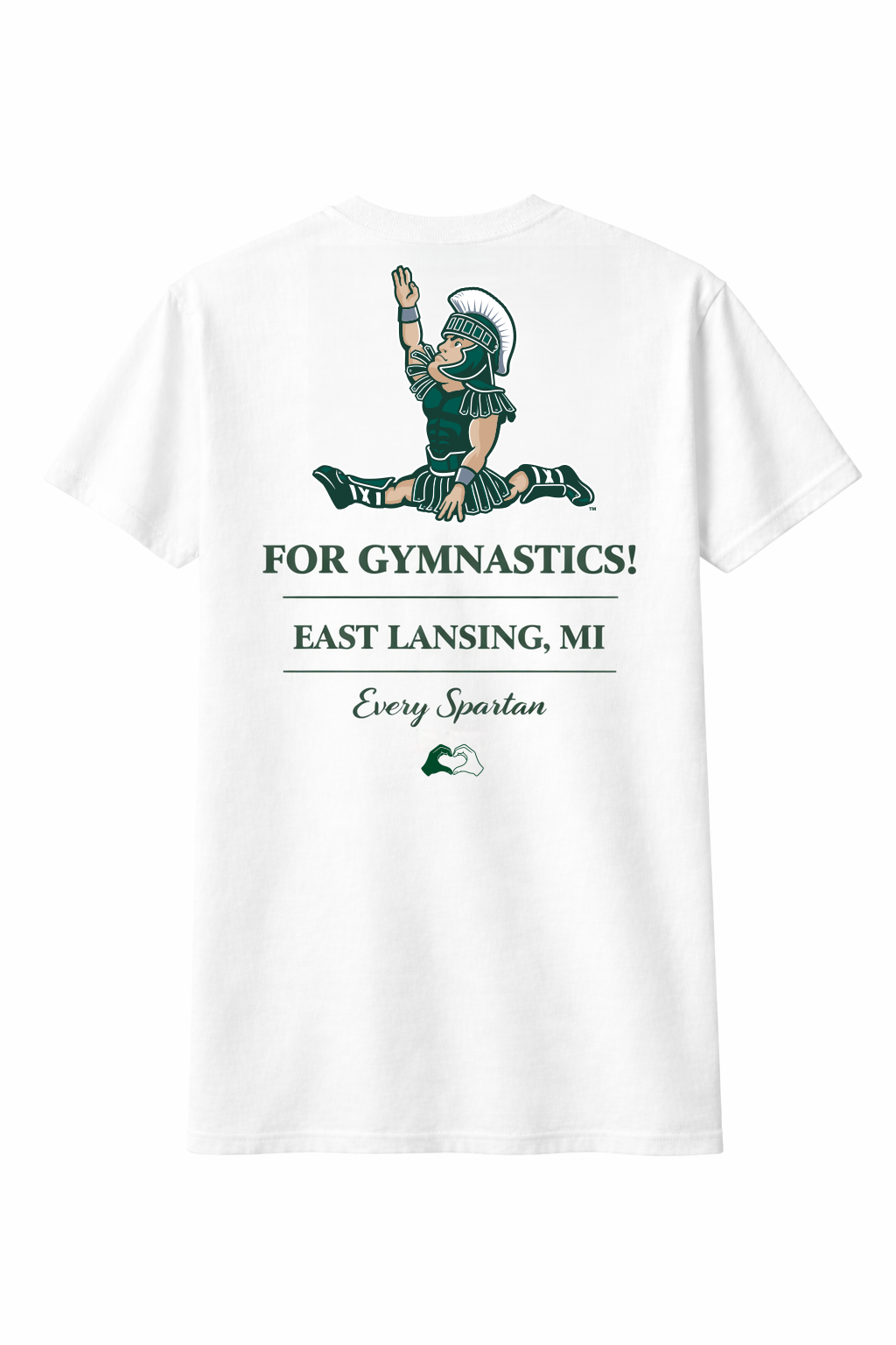 White T-shirt with gymnast graphic and text “For Gymnastics: East Lansing, MI”