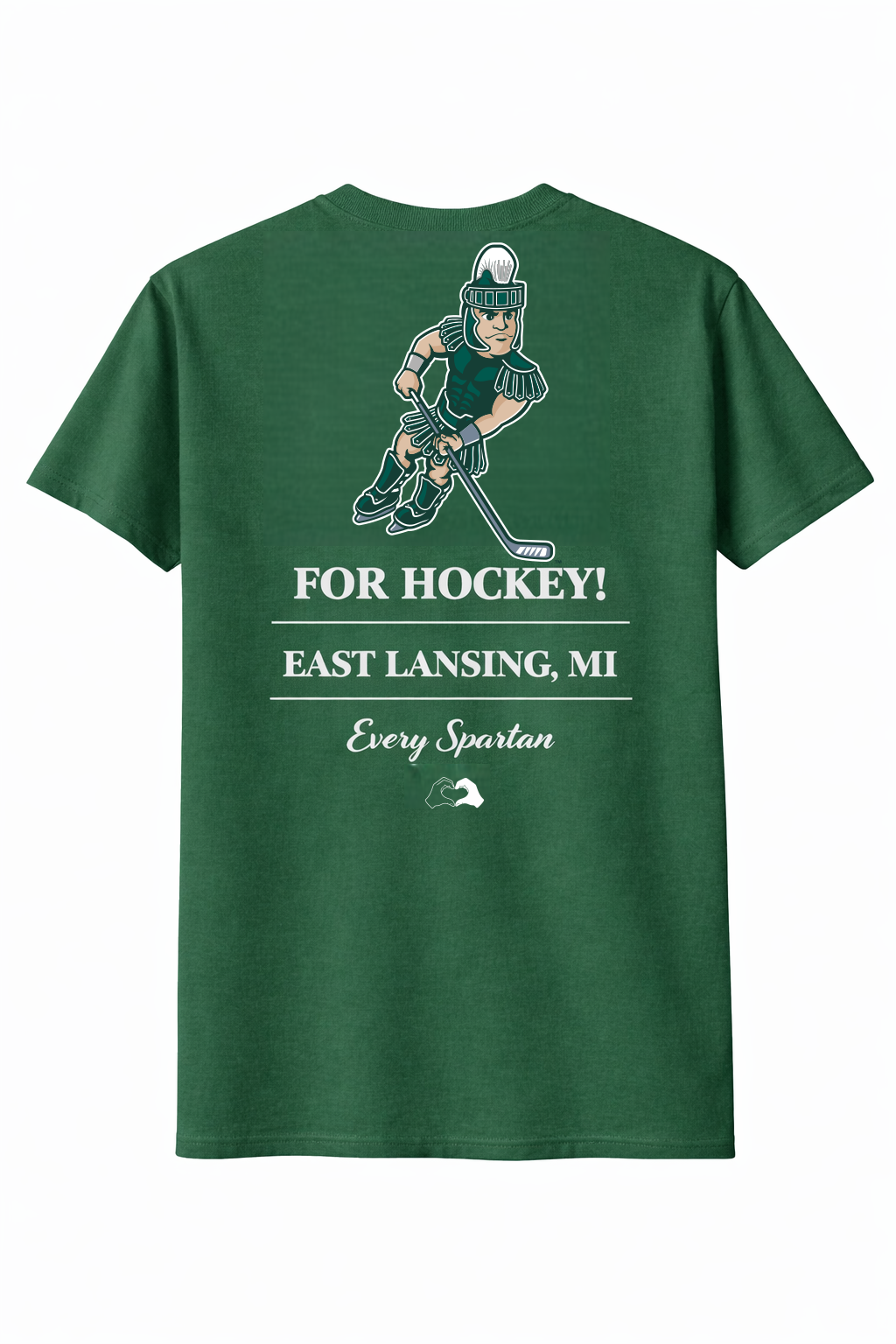 Green T-shirt with hockey player graphic and text: “FOR HOCKEY: FAST, LASTING, ME.”